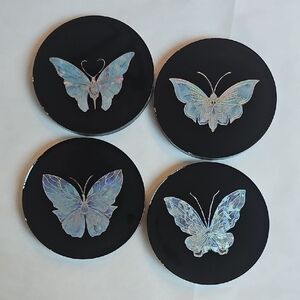 Hand Crafted Black Coaster Set with Iridescent Butterfly Accents - Set of 4